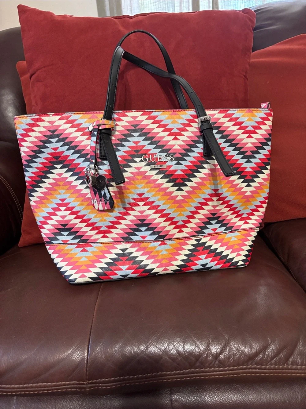 GUESS Geometric Print Tote in Pink, Black & Yellow